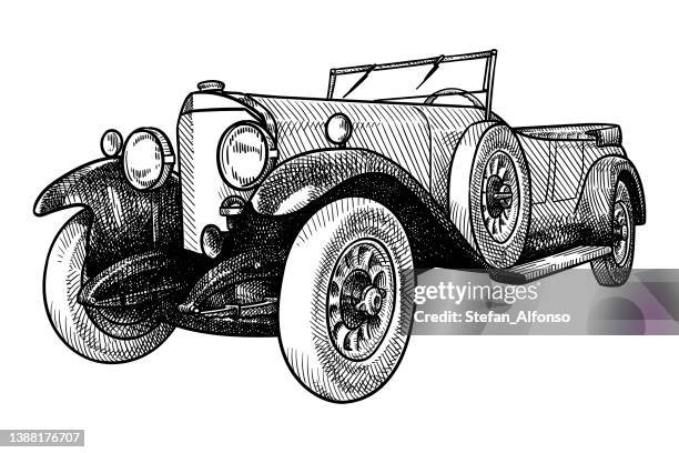 ilustraciones, imágenes clip art, dibujos animados e iconos de stock de dibujo vectorial de un coche antiguo - autos usados