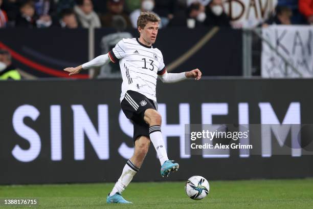 Thomas Mueller of Germany controls the ball during the international friendly match between Germany and Israel at PreZero-Arena on March 26, 2022 in...