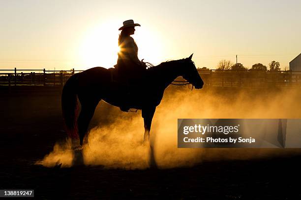 woman on horse at sunset - cowgirl stock pictures, royalty-free photos & images