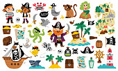 Vector pirate set. Cute sea adventures icons collection. Treasure island illustrations with ship, captain, sailors, chest, map, parrot, monkey, map. Funny pirate party elements for kids.