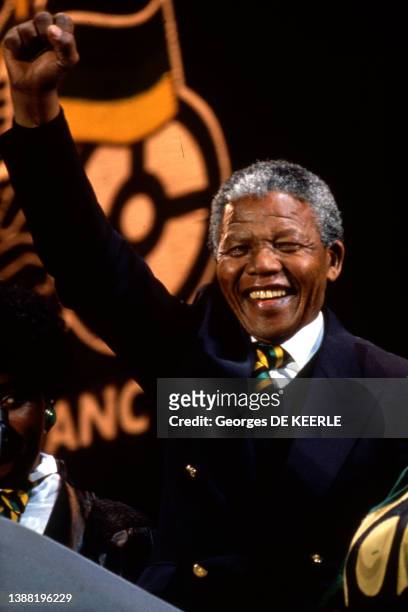 Nelson Mandela dans le stade de Wembley lors du concert 'An International Tribute for a Free South Africa', le 16 avril 1990, à Londres.