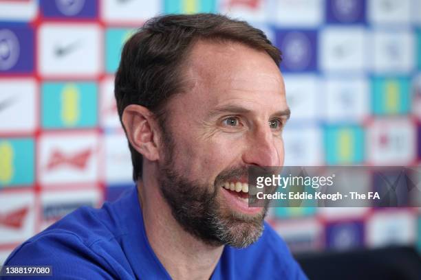 Gareth Southgate, Manager of England talks to the media during a press conference at Tottenham Hotspur Training Centre on March 28, 2022 in Enfield,...