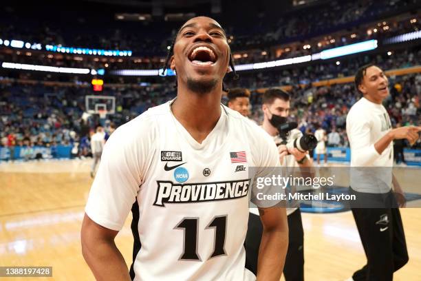 Reeves of the Providence Friars celebrates a win after the first round game of the 2022 NCAA Men's Basketball Tournament against the South Dakota...