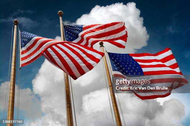 american flags against clouds and sky - eric van den brulle stock pictures, royalty-free photos & images