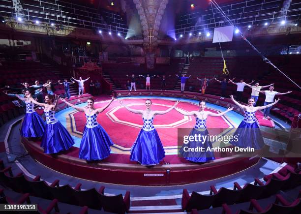 Performers including dancers from Ukraine rehearse the finale as Blackpool Tower Circus prepares to reopen following £1 Million renovation on March...