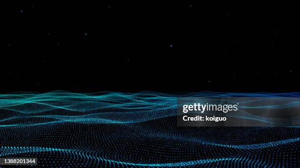 big data concept, computer image of blue and blue ocean ripples - flowing particles stock pictures, royalty-free photos & images