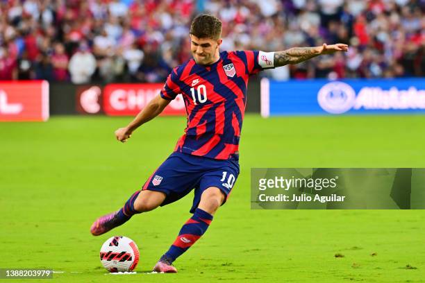 Christian Pulisic of the United States kicks a penalty in the first half against Panama at Exploria Stadium on March 27, 2022 in Orlando, Florida.