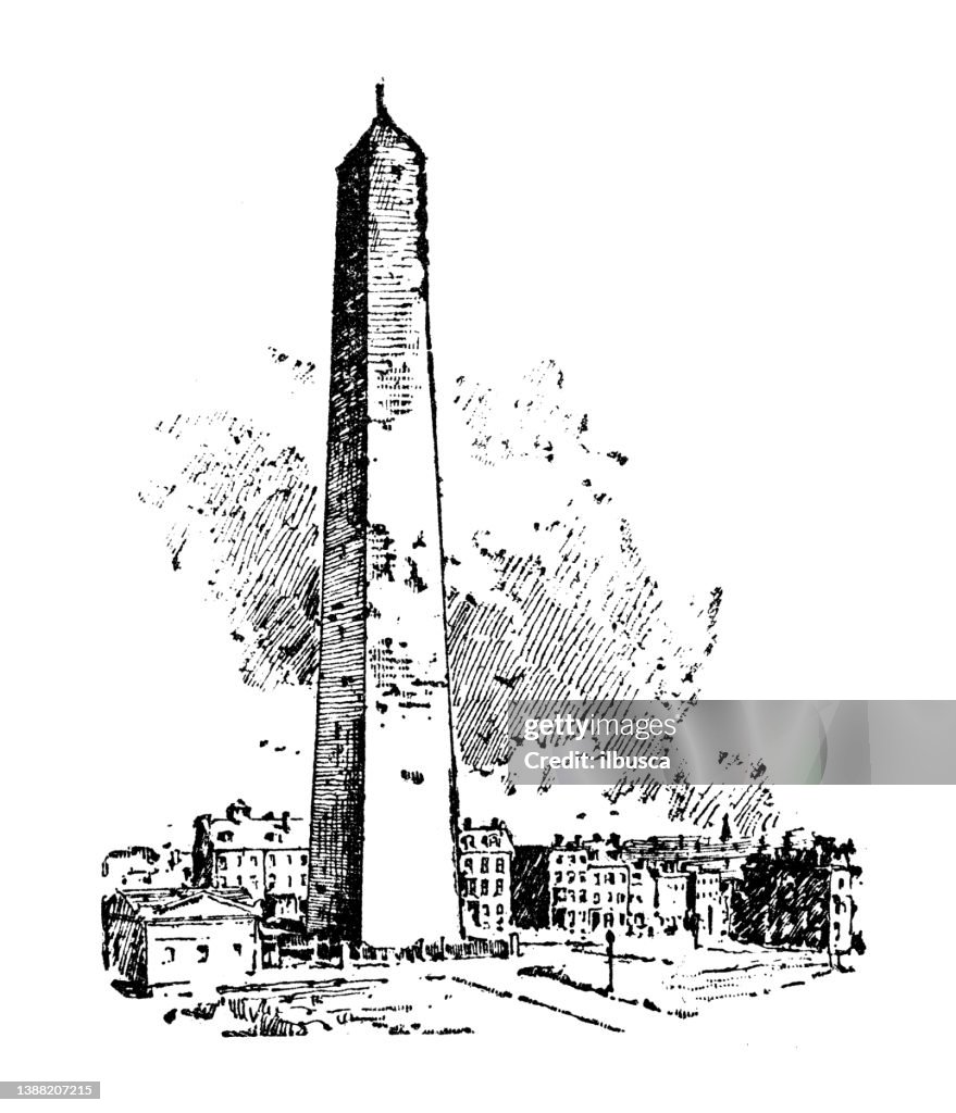 Antique illustration of USA, Massachusetts landmarks and companies: Charlestown, Bunker Hill Monument