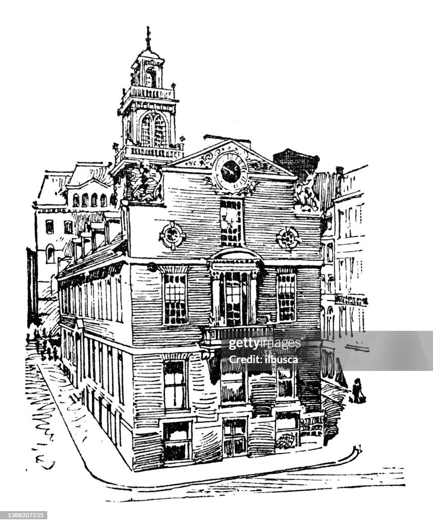 Antique illustration of USA, Massachusetts landmarks and companies: Boston, Old State House