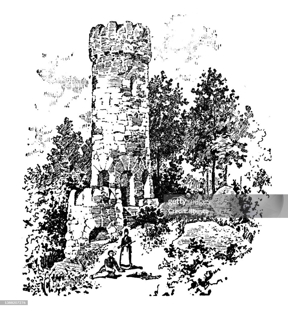 Antique illustration of USA, Massachusetts landmarks and companies: Watertown, Norumbega Tower