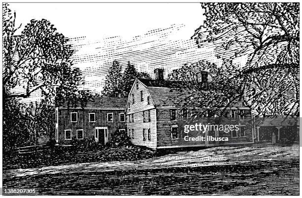 ilustrações de stock, clip art, desenhos animados e ícones de antique illustration of usa, massachusetts landmarks and companies: sudbury, longfellow's "wayside inn" - estalagem