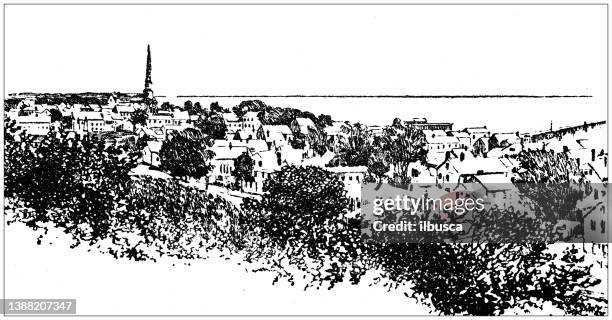 illustrazioni stock, clip art, cartoni animati e icone di tendenza di illustrazione antica di punti di riferimento e aziende usa, massachusetts: provincetown, cape cod - capo cod