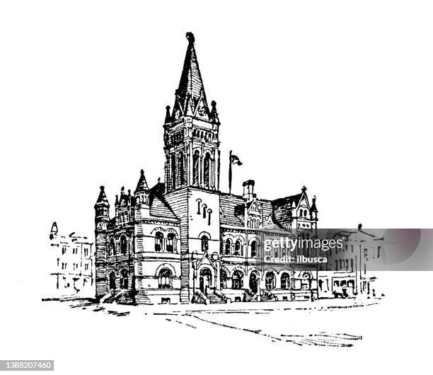 antike illustration von usa, massachusetts sehenswürdigkeiten und unternehmen: worcester, post office - worcester massachusetts stock-grafiken, -clipart, -cartoons und -symbole