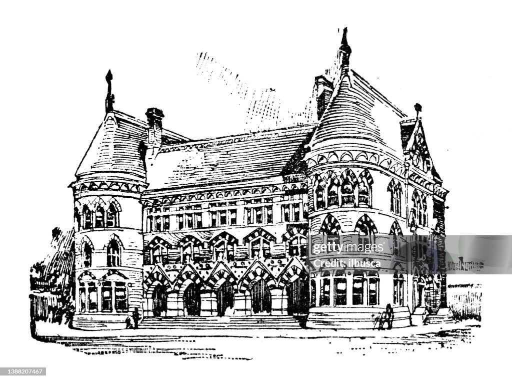 Antique illustration of USA, Massachusetts landmarks and companies: Fall River, Post Office