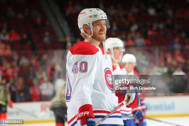 Joel Armia of the Montreal Canadiens during warm up prior to the game against the New Jersey Devils on March 27, 2022 at the Prudential Center in...