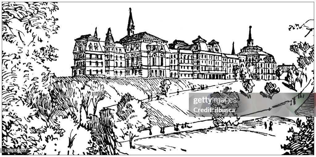 Antique illustration of USA, Massachusetts landmarks and companies: Wellesley, Wellesley College