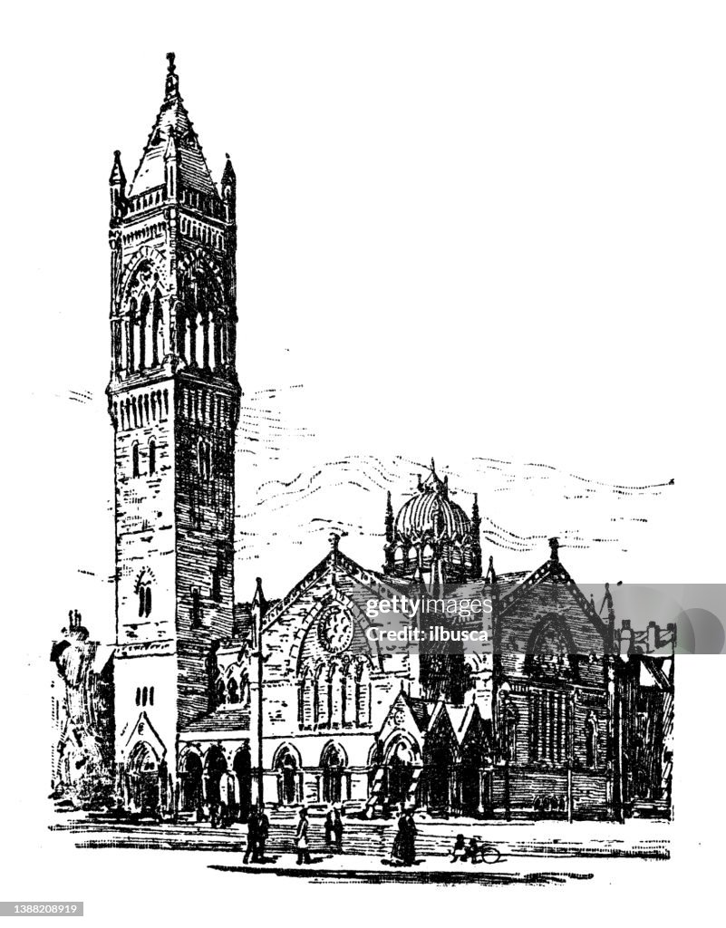 Antique illustration of USA, Massachusetts landmarks and companies: Boston, New Old South Church