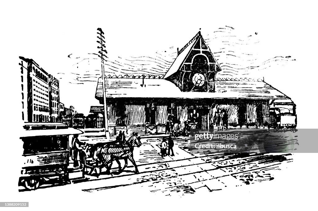 Antique illustration of USA, Massachusetts landmarks and companies: Boston, New York and New England Railroad Station
