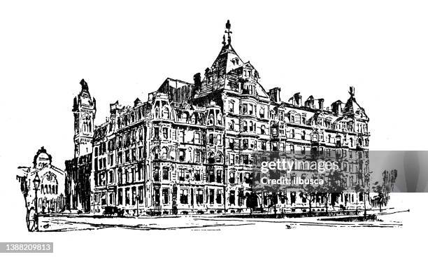 antike illustration von usa, massachusetts sehenswürdigkeiten und unternehmen: boston, hotel vendome, commonwealth avenue - boston beacon hill stock-grafiken, -clipart, -cartoons und -symbole