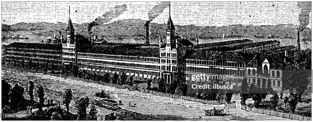 Antique illustration of USA, Massachusetts landmarks and companies: Waltham, American Waltham Watch Co.