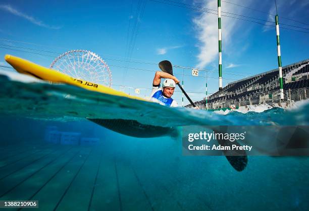 Peter Kauzer of Slovenia navigates his Kayak around a gate during official training at the Kasai Canoe Slalom Center ahead of the Tokyo 2020 Olympic...