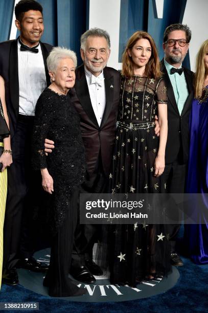 Francis Ford Coppola, Sofia Coppola and Roman Coppola attend the 2022 Vanity Fair Oscar Party hosted by Radhika Jones at Wallis Annenberg Center for...