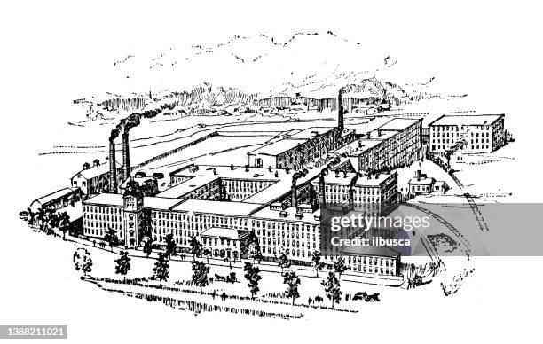 antique illustration of usa, massachusetts landmarks and companies: malden, boston rubber shoe co. - malden massachusetts stock illustrations