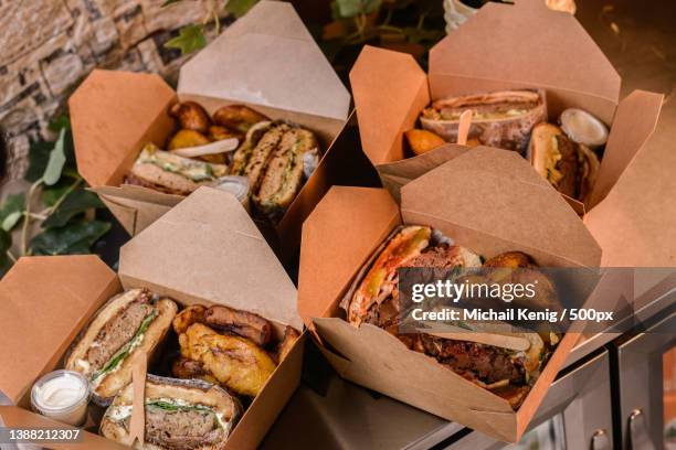 meal,high angle view of food in box - pattie sellers stock pictures, royalty-free photos & images