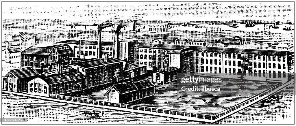 Antique illustration of USA, Massachusetts landmarks and companies: New Bedford, Morse Twist Drill and Machine Co.