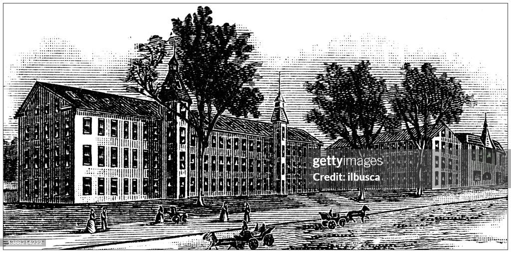 Antique illustration of USA, Massachusetts landmarks and companies: Northampton, Belding Bros And Co.'s Silk Mills