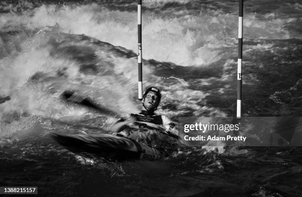 Jakub Grigar of Slovakia slides through a gate with mm precision during the Men's Kayak Slalom heats 2nd run on day five of the Tokyo 2020 Olympic...