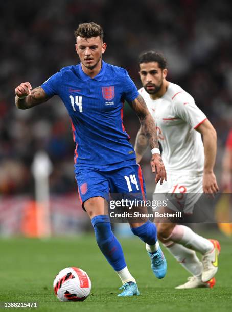 Ben White of England runs with the ballduring the international friendly match between England and Switzerland at Wembley Stadium on March 26, 2022...