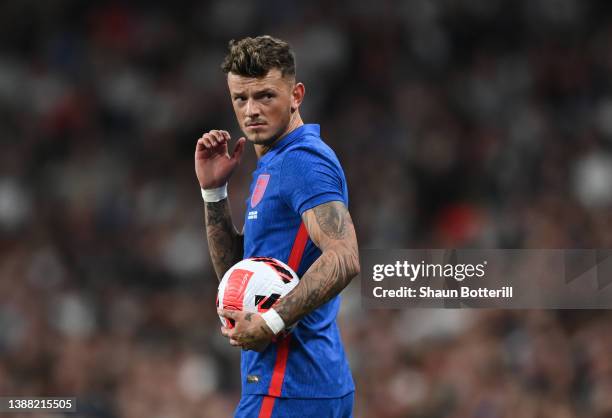 Ben White of England during the international friendly match between England and Switzerland at Wembley Stadium on March 26, 2022 in London, England.