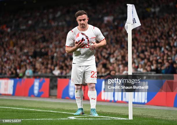 Xherdan Shaqiri of Switzerland prepares to take a corner during the international friendly match between England and Switzerland at Wembley Stadium...