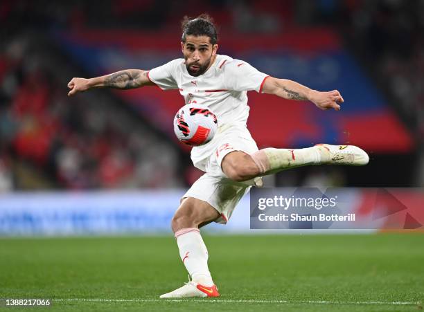 Ricardo Rodriguez of Switzerland fires in a shot during the international friendly match between England and Switzerland at Wembley Stadium on March...