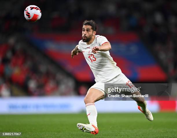 Ricardo Rodriguez of Switzerland fires in a shot during the international friendly match between England and Switzerland at Wembley Stadium on March...