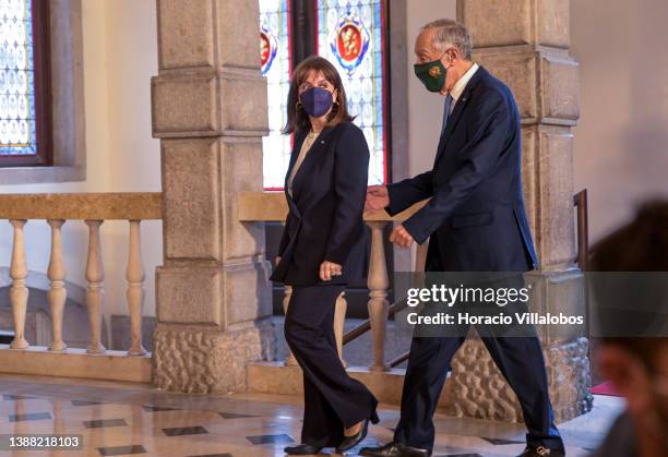 Greek President Katerina Sakellaropoulou is greeted by Portuguese President Marcelo Rebelo de Sousa in the Presidential Belem Palace during the first...