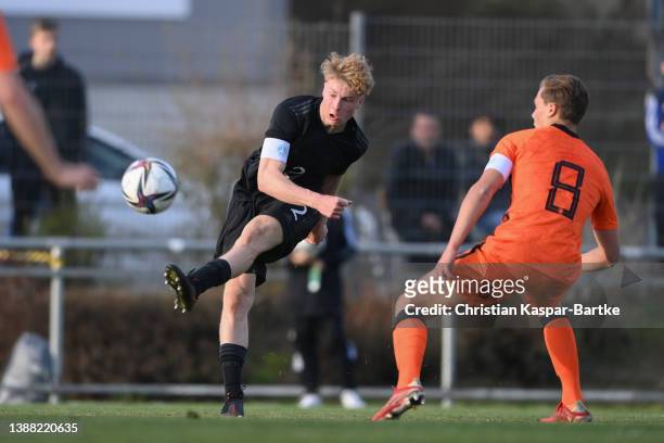 Julian Eitschberger of Germany challenges Finn Dicke of Netherlands during the international friendly match between Germany U18 and Netherlands U18...