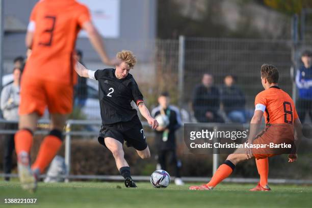 Julian Eitschberger of Germany challenges Finn Dicke of Netherlands during the international friendly match between Germany U18 and Netherlands U18...