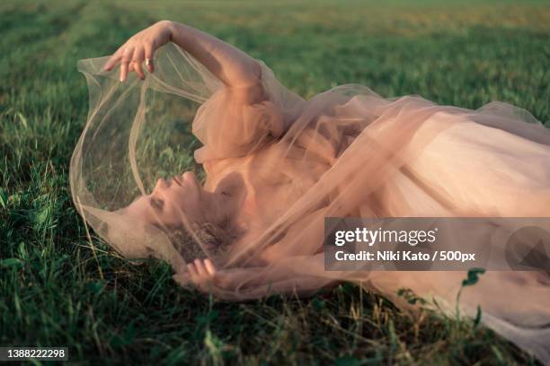 young woman in vintage dress,holding a scarf while standing on field,russia - editorial woman stock pictures, royalty-free photos & images