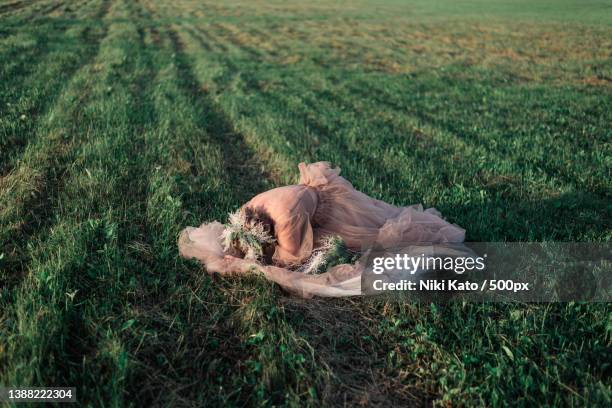 young woman in vintage dress,holding flowers while standing on field,russia - trash bag dress stock pictures, royalty-free photos & images