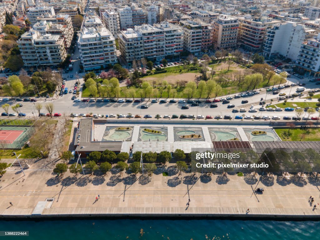Aerial view of the east part of Thessalonikis beach with theme park gardens