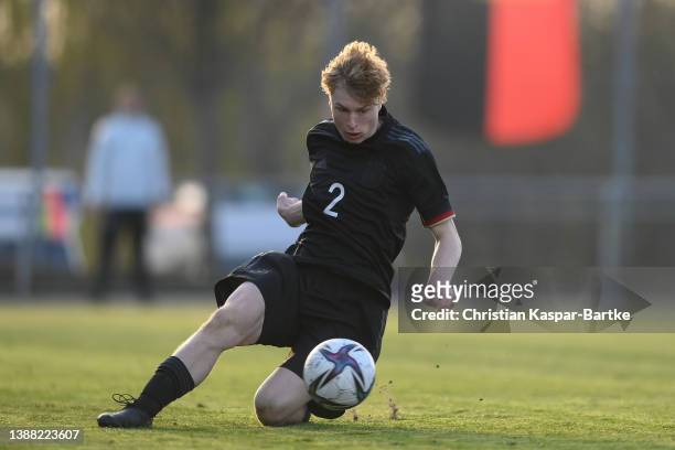 Julian Eitschberger of Germany plays the ball during the international friendly match between Germany U18 and Netherlands U18 at Felsenberg Arena on...