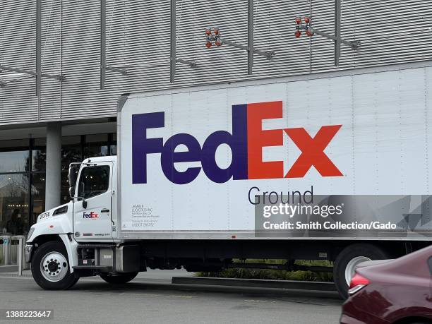 Side view of Fedex Ground shipping truck in San Ramon, California, March 3, 2022.