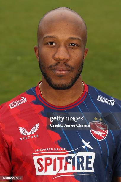 Daniel Bell-Drummond of Kent Spitfires poses for a portrait in their Vitality Blast T20 kit during the Kent County Cricket Club Photocall at The...