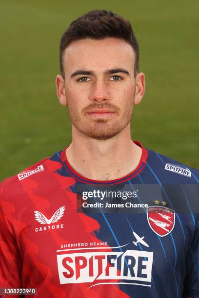 Nathan Gilchrist of Kent Spitfires poses for a portrait in their Vitality Blast T20 kit during the Kent County Cricket Club Photocall at The Spitfire...