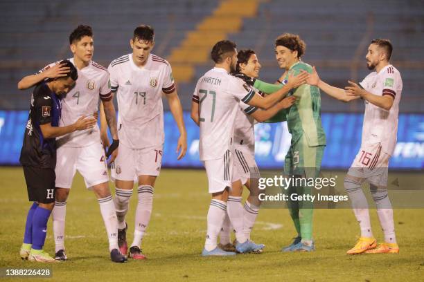 Goalkeeper Guillermo Ochoa of Mexico and teammates huddle after their victory 1-0 over Honduras as part of the Concacaf 2022 FIFA World Cup...