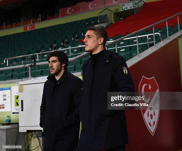 Nicolo Zaniolo and Sandro Tonali of Italy look on at Konya Stadium on March 28, 2022 in Konya, Turkey.