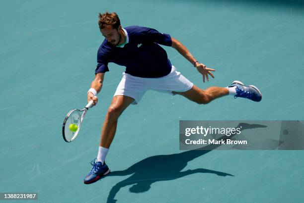 Daniil Medvedev of Russia returns a shot to Pedro Martinez of Spain during the Men’s Singles match on Day 8 of the 2022 Miami Open presented by Itaú...