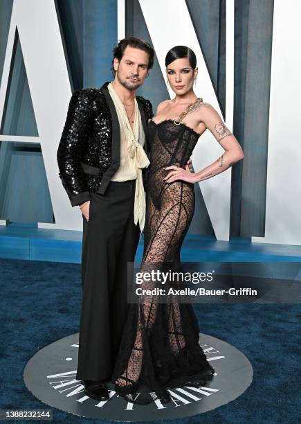 Alev Aydin and Halsey attend the 2022 Vanity Fair Oscar Party hosted by Radhika Jones at Wallis Annenberg Center for the Performing Arts on March 27,...